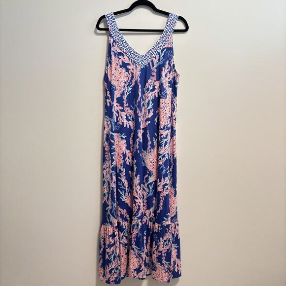 Lilly Pulitzer Dress Womens Large Blue Madsen Midi Swim On Over Coral Print NWT - Picture 1 of 14